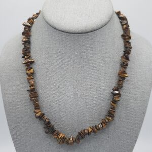 5 for $25! Genuine Stone Tigers Eye Chip Brown Silver Tone Necklace